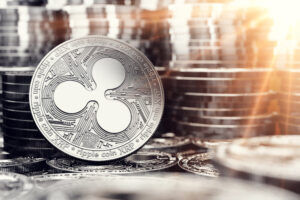 Silver Ripple coin among stack and piles of silver coins and bright sun flare. 3D rendering