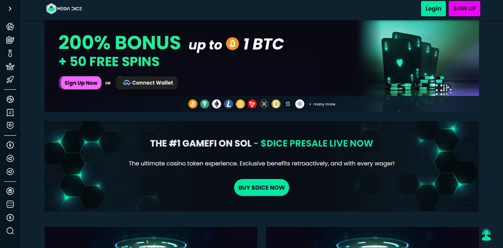 Homepage of Mega Dice online casino platform featuring a promotional banner offering a 200% bonus up to 1 BTC and 50 free spins. Buttons for signing up and connecting a crypto wallet are visible. The section below highlights the $DICE token presale on Solana with a 'Buy $DICE Now' button.