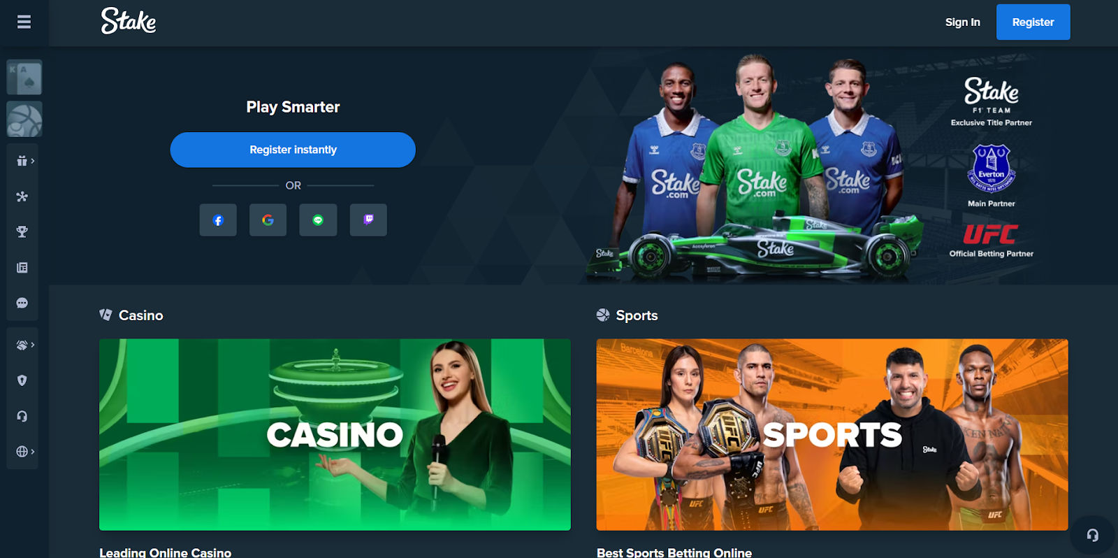 Homepage of Stake.com featuring a registration prompt and promotional banner with sports ambassadors from Everton FC and UFC. A Formula 1 car with Stake branding is also displayed. Below, sections highlight online casino games and sports betting with labeled images and call-to-action cards.