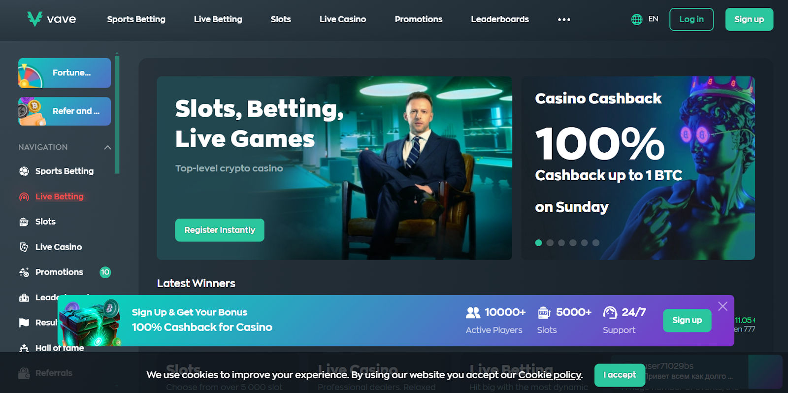 Vave online casino homepage highlighting slots, betting, and live games with a 'Register Instantly' button. Promotional banners showcase a 100% casino cashback offer up to 1 BTC available on Sundays. Sidebar navigation includes links to Sports Betting, Live Betting, Slots, Live Casino, Promotions, Leaderboards, and more. Additional banner displays platform stats including over 10,000 active players, 5,000+ slots, and 24/7 support.