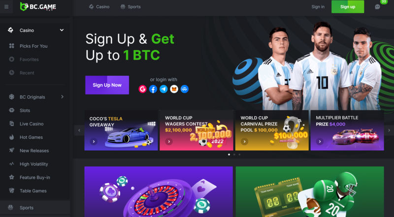 BC.Game homepage featuring a promotional banner offering up to 1 BTC for signing up, with login options via Google, Telegram, and other platforms. Prominent image of three Argentine football players in national jerseys. Below the banner are rotating promotions including a Tesla giveaway, World Cup contests, and crypto gaming prizes. The sidebar shows casino categories like Slots, Live Casino, and Hot Games.