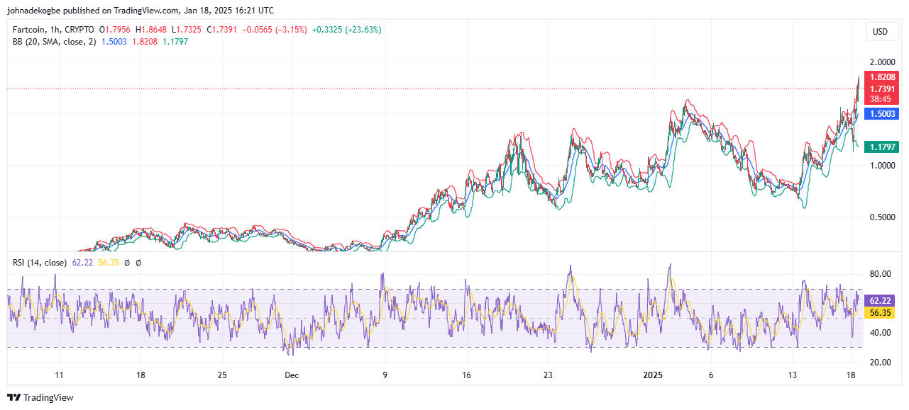 FARTCOIN ATH Listings. Trading Chart Showing Bollinger Bands & RSI 18.01.2025