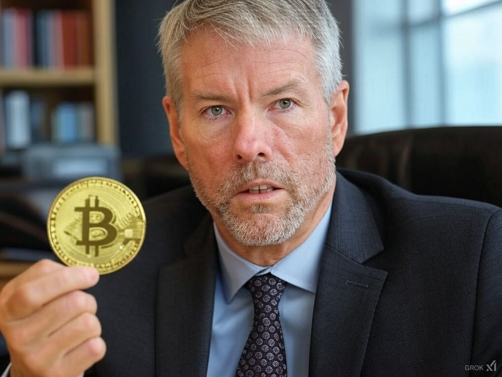 AI image of Michael Saylor, CEO of Strategy holding Bitcoin