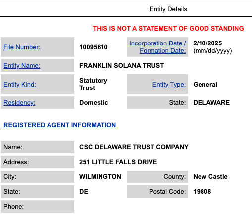 Entity details for FRANKLIN SOLANA TRUST