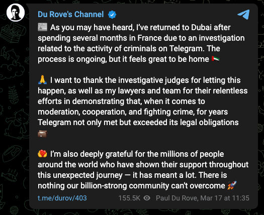 Durov's Telegram channel message