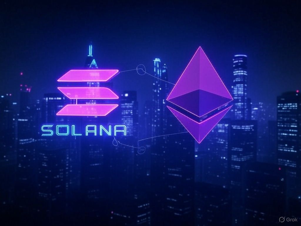 Ethereum and Solana logos, in neon