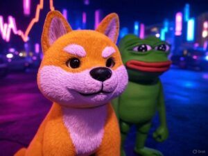 Dogecoin and pepe characters with a stock market background
