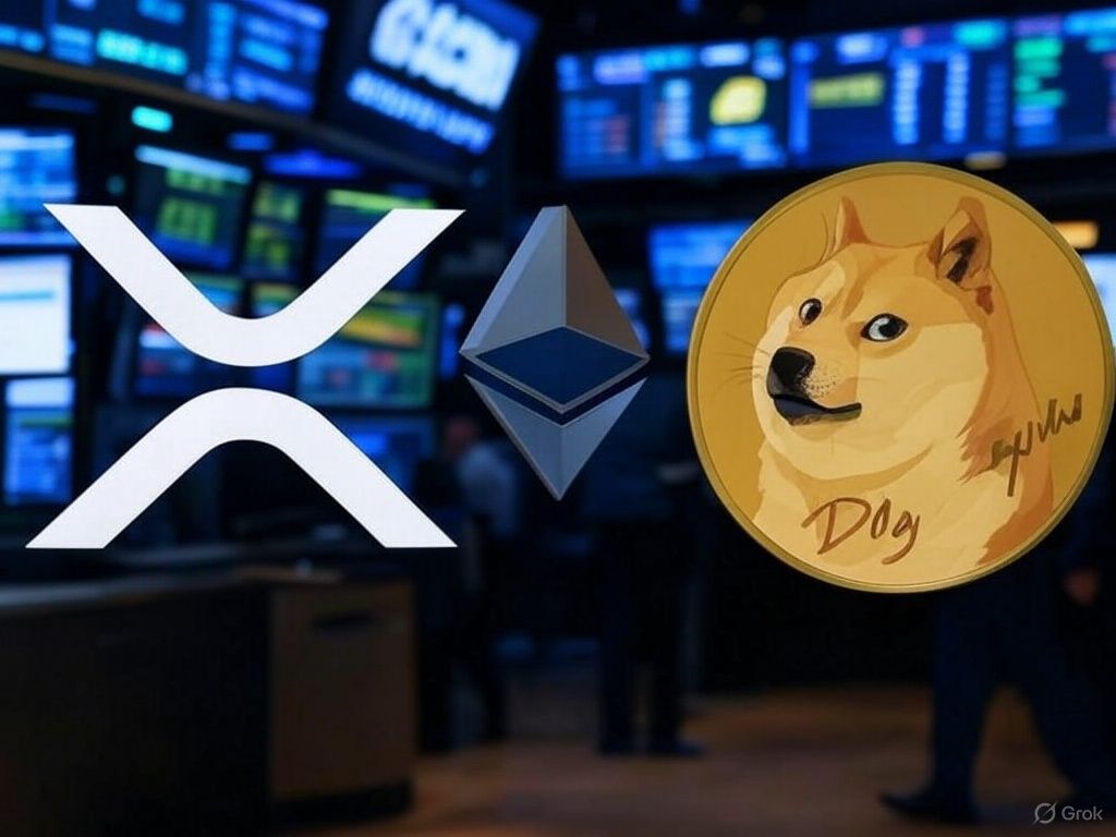 image with XRP, dogecoin, Ethereum logos, in front of a stock market background.