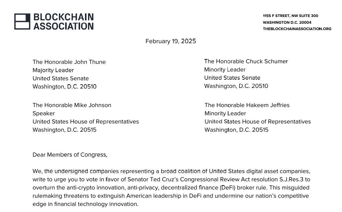 Blockchain Association letter to the Senate, urging Senators to support Ted Cruz's resolution. 