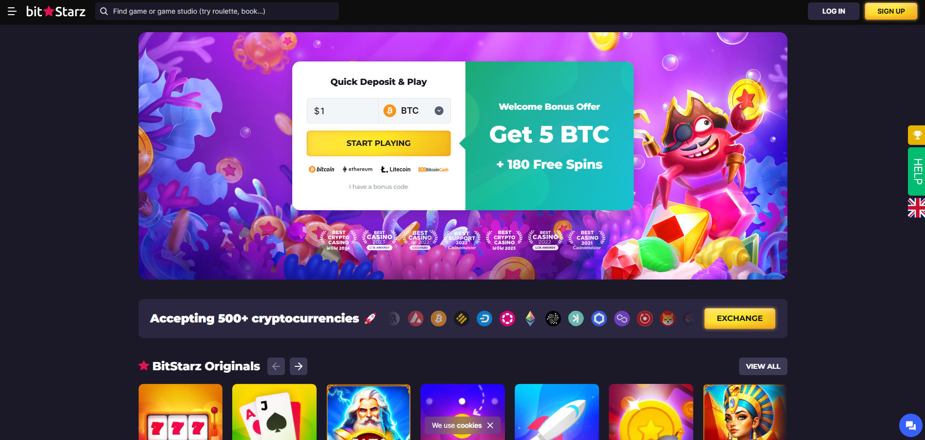 BitStarz homepage with an underwater-themed background featuring a pirate crab holding a coin. Central section includes a quick deposit form with options to play using Bitcoin, Ethereum, Litecoin, or Bitcoin Cash. Highlighted welcome offer promotes 'Get 5 BTC + 180 Free Spins'. Award badges for best crypto casino and support are displayed below. A banner below promotes support for over 500 cryptocurrencies, followed by a section for BitStarz Originals games