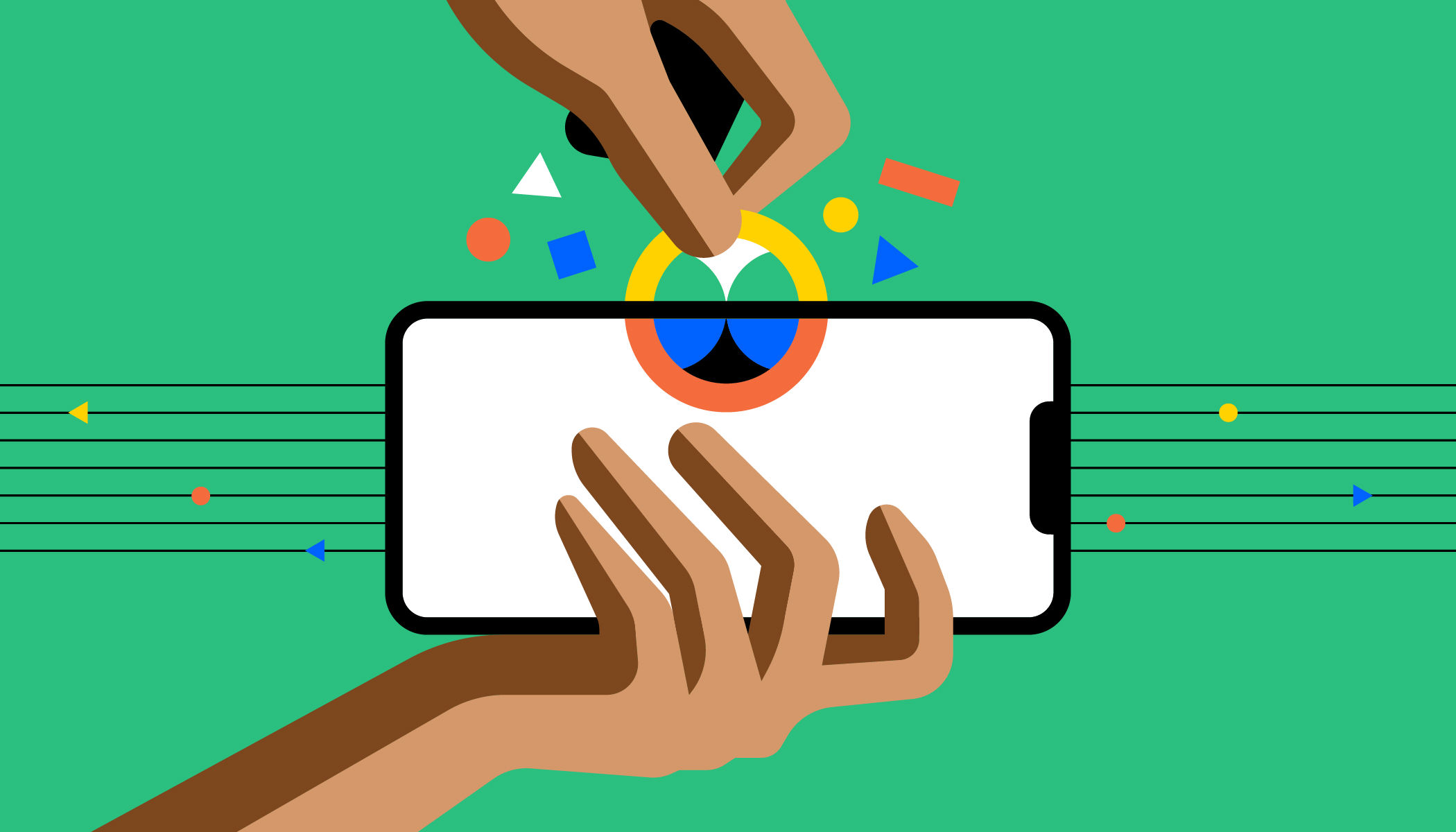 Illustration of two hands interacting with a smartphone, one hand inserting a colorful coin-like object into the phone, representing digital transactions or crypto wallet use, with geometric shapes and lines on a green background.