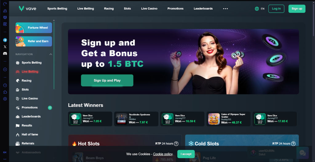 Screenshot of Vave Casino homepage