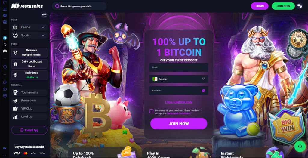 Screenshot showing Metaspins Casino Homepage