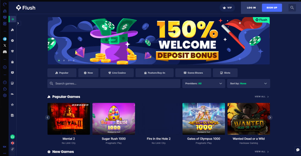 Homepage of Flush.com Ethereum gambling site