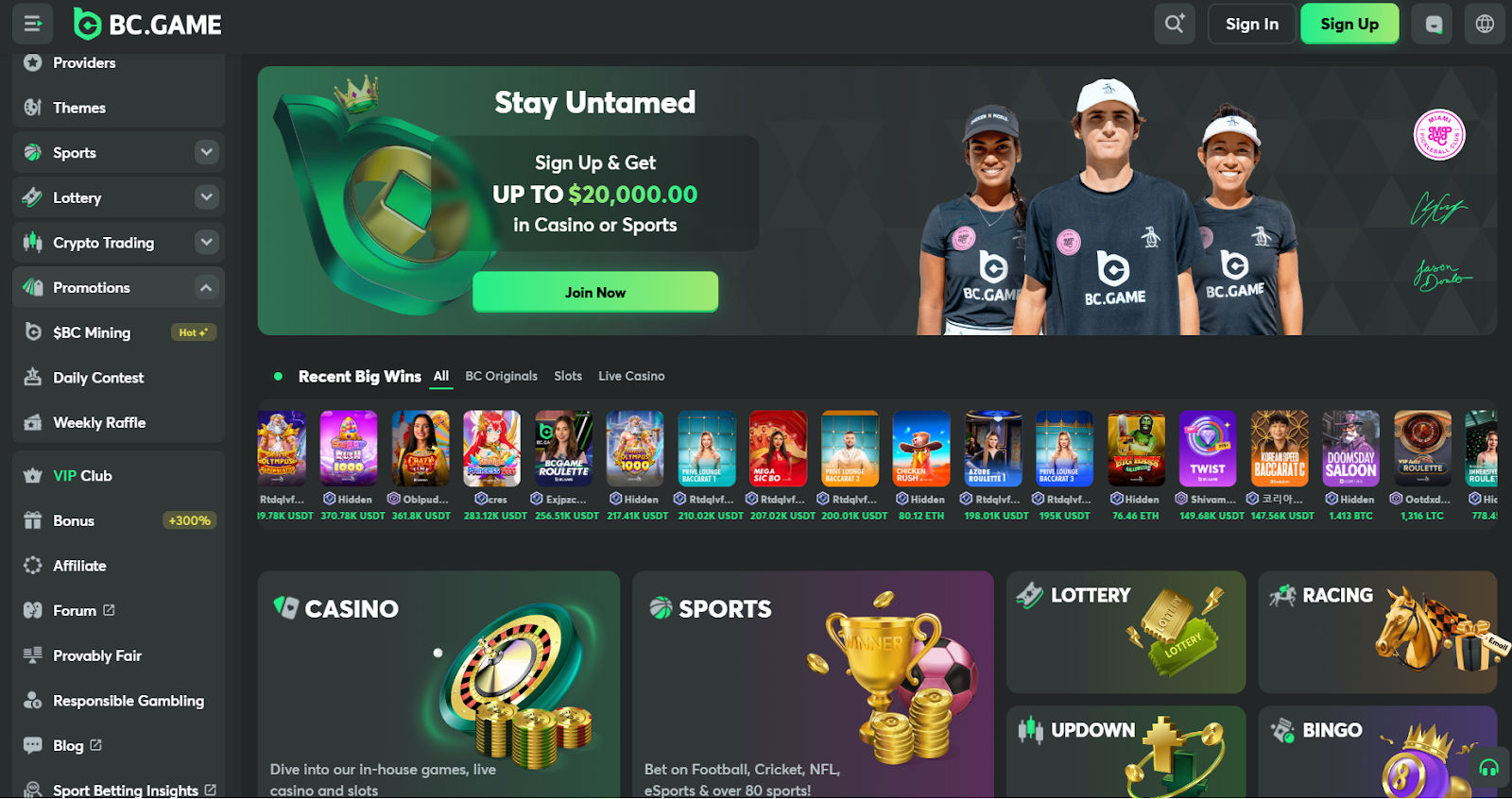 Homepage of BC.Game crypto gambling site