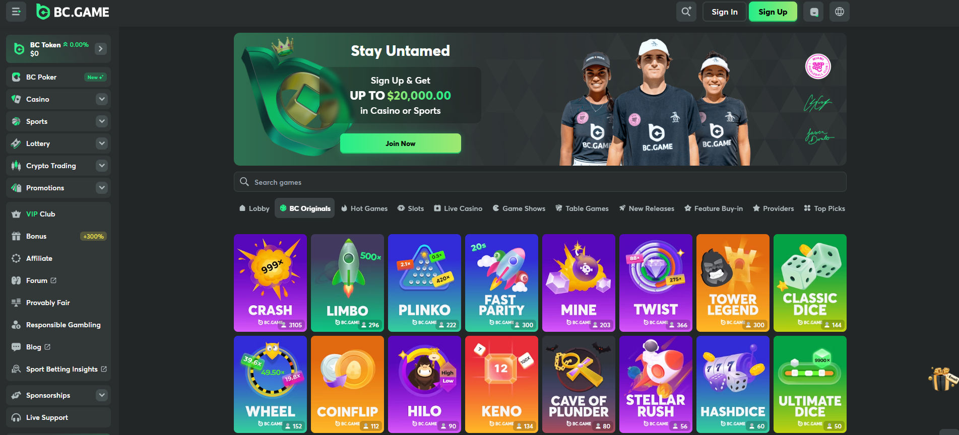 BC.Game Casino homepage. Black background with green brand colour used. Offer at the top with available casino games listed below.