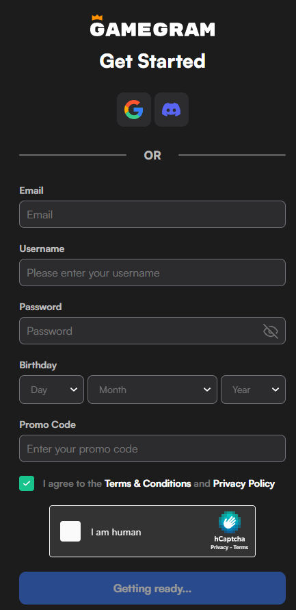 Gamegram account creation screen showing user registration fields, promo code input, and secure sign-up options with Google and Discord.