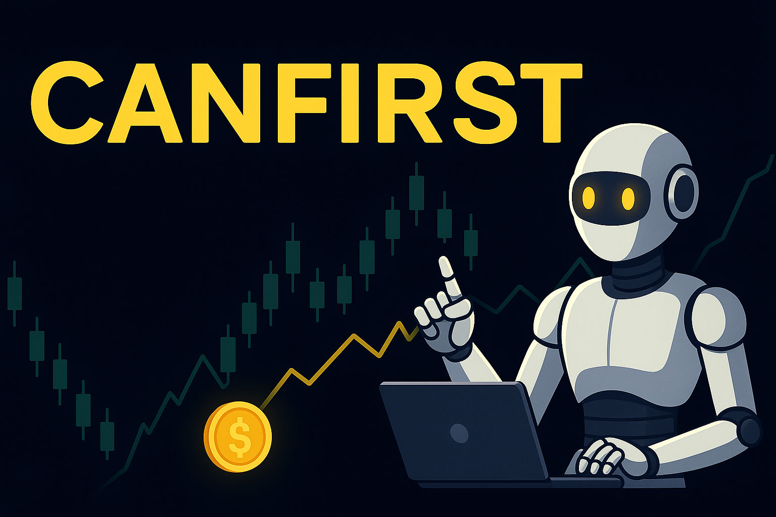 Canfirst Trading Robot Logo, featuring a black background with a robot, CANFIRST in all caps and a trading graph