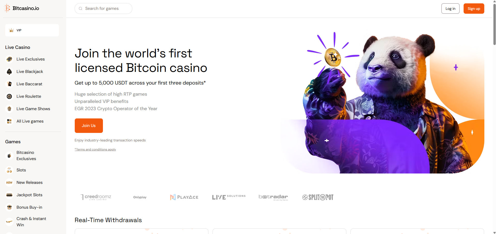 Screenshot of Bitcasino.io homepage highlighting its claim as the world’s first licensed Bitcoin casino. The main banner promotes a welcome offer of up to 5,000 USDT across the first three deposits, along with benefits like high RTP games, VIP perks, and the title of EGR 2023 Crypto Operator of the Year. A colorful panda mascot is featured holding a glowing Bitcoin coin. The left sidebar menu includes links for Live Casino options (Blackjack, Baccarat, Roulette, Game Shows), and game categories like Slots, New Releases, Jackpot Slots, Bonus Buy-in, and Crash & Instant Win. A bright orange "Join Us" button stands out, and logos of partnered providers are displayed below.