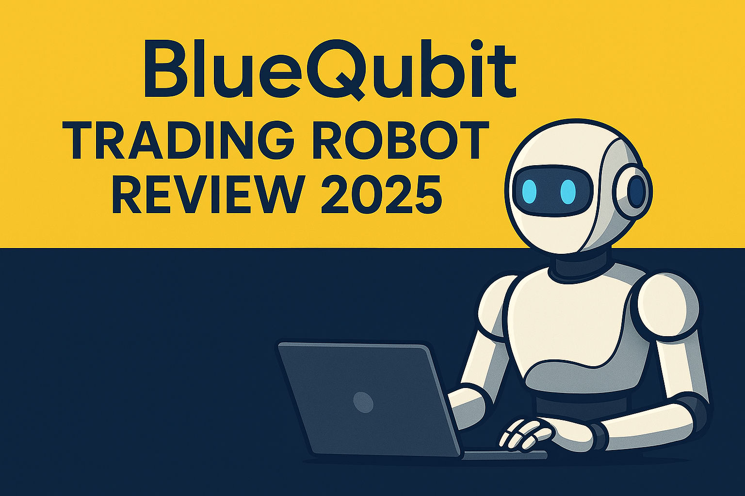 Trading robot on a laptop on the right, BlueQubit in blue on yellow text, bottom half in blue