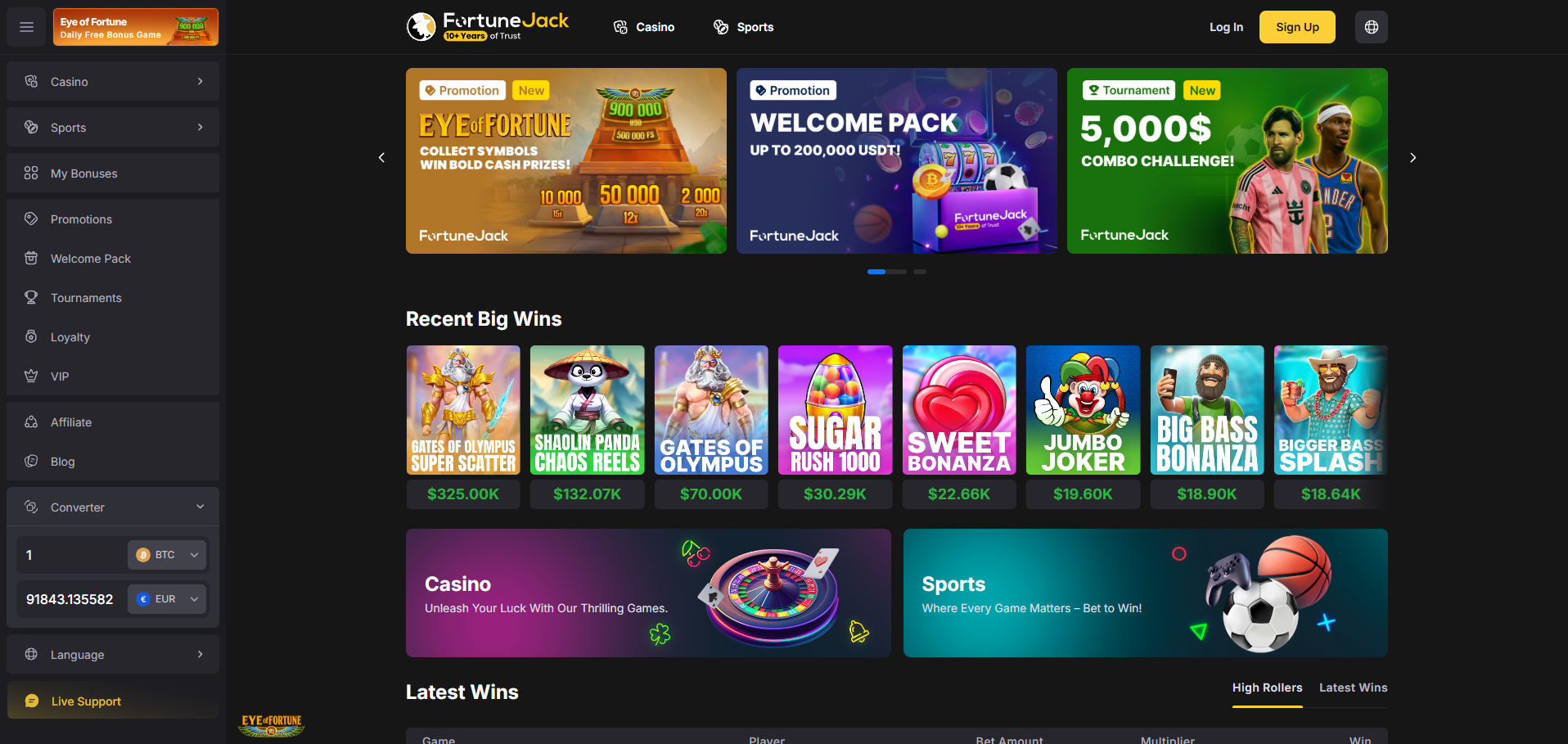 Screenshot of the FortuneJack casino homepage, showing promotional banners for "Eye of Fortune", "Welcome Pack up to 200,000 USDT", and a "$5,000 Combo Challenge" tournament. The left sidebar features menu options like Casino, Sports, Promotions, Welcome Pack, Tournaments, Loyalty, VIP, Affiliate, Blog, Converter, Language, and Live Support. The main content highlights "Recent Big Wins" on games like Gates of Olympus, Shaolin Panda, and Sweet Bonanza, with winnings displayed in green text. Below are promotional cards for Casino and Sports sections.