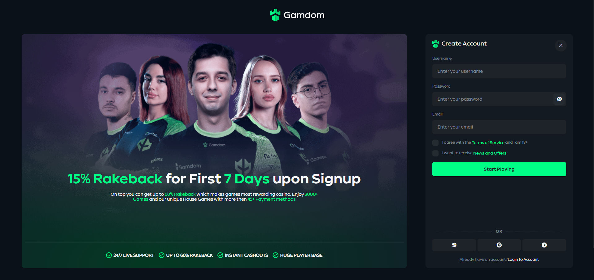 Screenshot of the Gamdom casino homepage featuring a promotional banner with five people wearing branded Gamdom jerseys. The banner advertises “15% Rakeback for First 7 Days upon Signup,” with additional benefits like up to 60% rakeback, over 3000 games, and support for more than 45 payment methods. Below the banner, icons highlight 24/7 live support, instant cashouts, and a large player base. On the right side, there is a registration form asking for username, password, and email, with a green “Start Playing” button. Users can also sign up using Google or crypto wallets.
