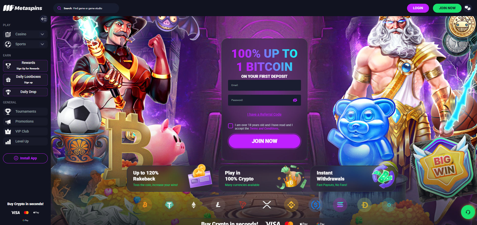Screenshot of Metaspins online casino homepage featuring a vibrant, fantasy-themed design. Centered is a signup form offering “100% up to 1 Bitcoin on your first deposit” with a bold purple “Join Now” button. The background shows animated characters like a wizard with a staff, a gladiator-style Zeus, a golden Bitcoin symbol, and various game elements. The left-hand sidebar includes navigation for Casino, Sports, Rewards, Daily Lootboxes, Daily Drop, Tournaments, Promotions, VIP Club, and Level Up. Bottom banners promote features like up to 120% rakeback, 100% crypto play, and instant withdrawals. Cryptocurrency icons (BTC, ETH, USDT, etc.) and quick payment methods like VISA, Apple Pay, and Google Pay are visible at the bottom.