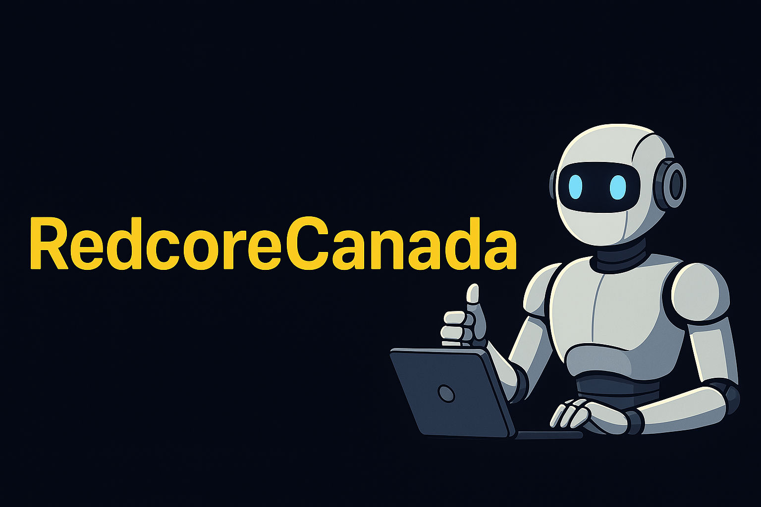 Redcore Canada Logo in yellow on a black background with a robot on the right with a laptop.