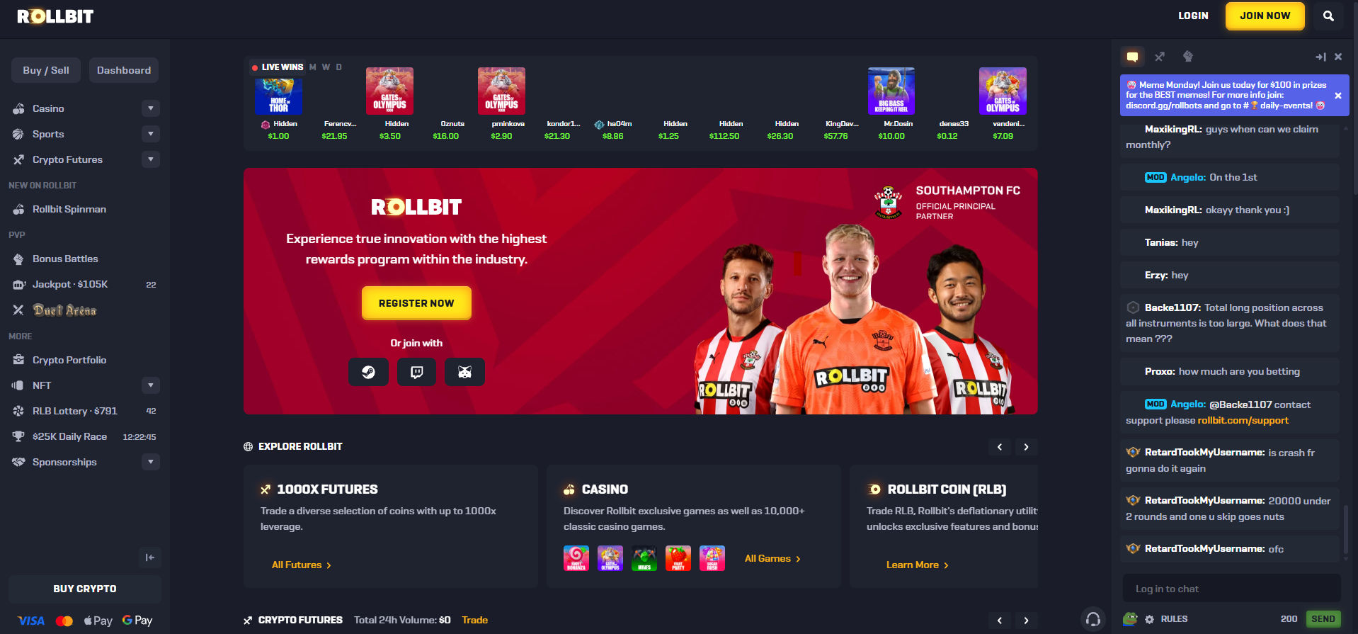 Screenshot of Rollbit’s homepage showcasing a red banner with Southampton FC players, highlighting their partnership and promoting Rollbit’s rewards program. A yellow "Register Now" button is visible along with login options via Discord, Twitch, and MetaMask. The left-hand sidebar offers navigation for Casino, Sports, Crypto Futures, Bonus Battles, NFT, RLB Lottery, Duel Arena, Sponsorships, and more. A live wins ticker runs across the top showing recent bets on games like Gates of Olympus and Big Bass. At the bottom, featured modules include “1000x Futures” for leveraged trading, Casino with over 10,000 games, and Rollbit Coin (RLB) benefits. The right side includes a live chat box with community messages and a promo popup for a meme contest.