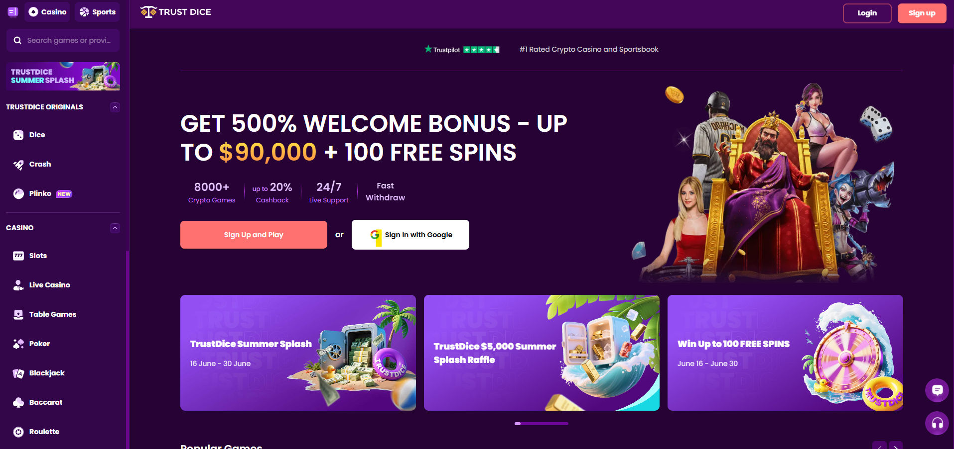 Screenshot of TrustDice homepage promoting a bold welcome bonus: “Get 500% Welcome Bonus – Up to $90,000 + 100 Free Spins.” The banner highlights features like 8000+ crypto games, 20% cashback, 24/7 support, and fast withdrawals. There are two call-to-action buttons for “Sign Up and Play” and “Sign In with Google.” On the left sidebar, menu options include TrustDice Originals like Dice, Crash, and Plinko, as well as categories like Slots, Live Casino, Table Games, Poker, Blackjack, Baccarat, and Roulette. Below the banner are promotions like TrustDice Summer Splash and Raffle. The theme features a royal throne surrounded by animated characters.