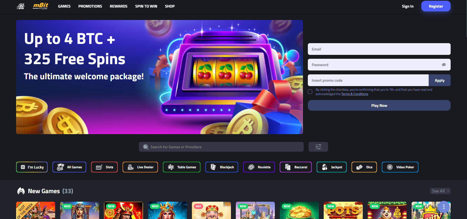 Screenshot of the mBit Casino homepage showcasing a vibrant banner promoting “Up to 4 BTC + 325 Free Spins” as part of its welcome package. The banner features a neon slot machine, Bitcoin coins, and wrapped gift boxes. On the right side is a registration form asking for email, password, and a promo code, followed by a “Play Now” button. Navigation tabs at the top include Games, Promotions, Rewards, Spin to Win, and Shop. Below the banner is a game category menu with options like Slots, Live Dealer, Table Games, Blackjack, Roulette, Baccarat, Jackpot, Dice, and Video Poker. A carousel of new games is displayed at the bottom.