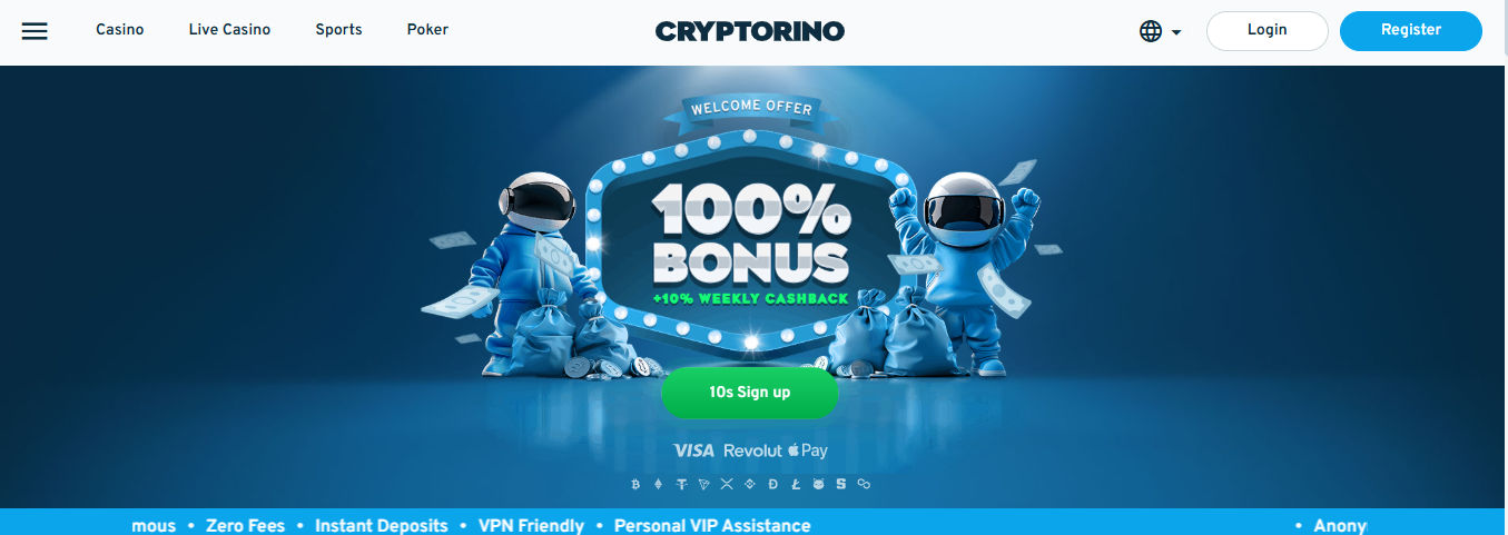 Cryptorino casino welcome bonus banner showing two cartoon astronaut mascots throwing money in celebration. In the center, a large sign reads “100% BONUS +10% WEEKLY CASHBACK” with a “10s Sign up” button below. The payment methods Visa, Revolut, and Apple Pay are displayed underneath. The background is blue, and features highlight “Anonymous,” “Zero Fees,” “Instant Deposits,” “VPN Friendly,” and “Personal VIP Assistance.”