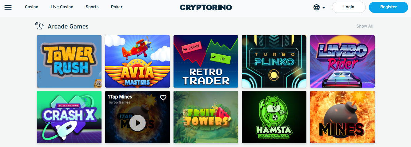 Cryptorino’s “Arcade Games” section displaying ten vibrant game tiles. Top row titles include “Tower Rush,” “Avia Masters” with a red airplane, “Retro Trader” with market trend graphics, “Turbo Plinko” featuring neon circuitry, and “Limbo Rider” with a retro car. The bottom row showcases “Crash X” with a rocket ship, “1Tap Mines” with a play icon overlay, “Fruit Towers” in a jungle setting, “Hamsta Digging Gangsta” with a green cartoon hamster, and “Mines” featuring a lit bomb on a fiery background. The design is colorful and dynamic, evoking casual and interactive gameplay styles.