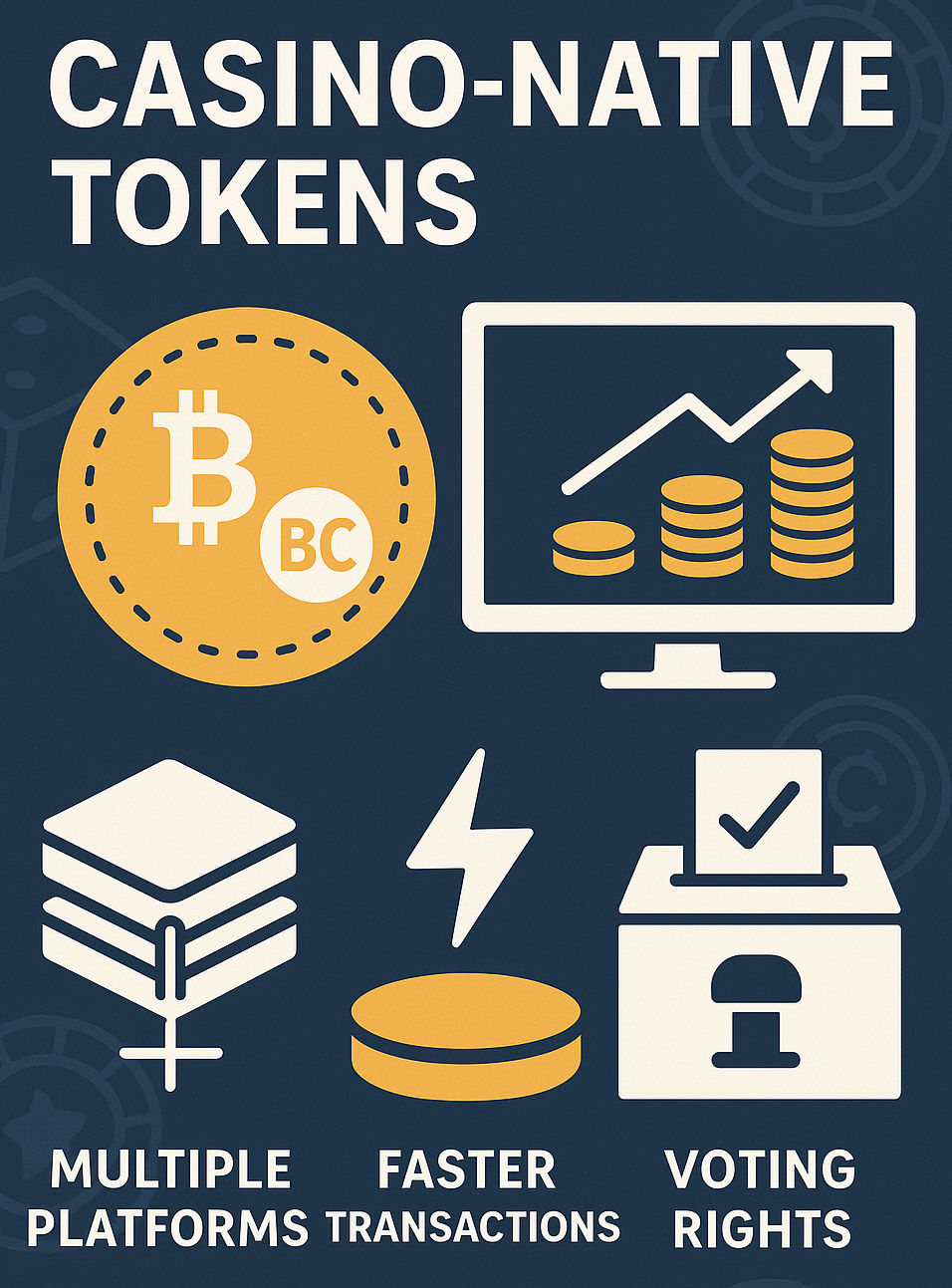 Infographic titled "Casino-Native Tokens" featuring visual icons and benefits. It shows a Bitcoin-style token labeled "BC," a monitor with stacked coins and a rising graph, a stack of platforms, a lightning bolt over a coin, and a ballot box with a checkmark. Text below reads: "Multiple Platforms," "Faster Transactions," and "Voting Rights." The color scheme is dark blue, white, and gold.
