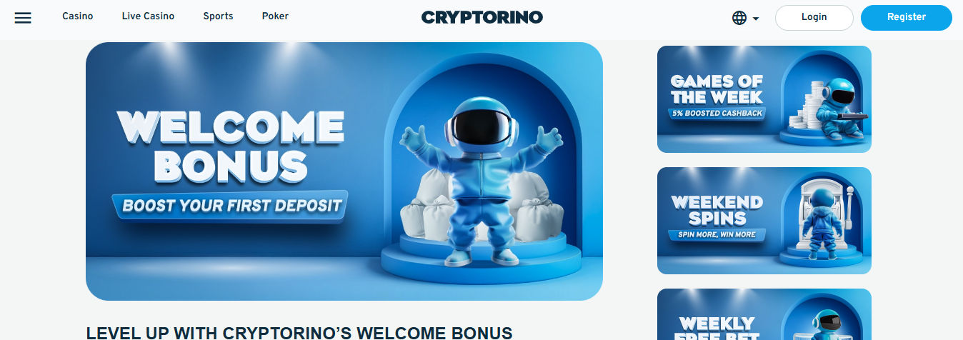 Cryptorino promotions page featuring a central banner with a blue astronaut mascot standing on a podium between money bags. Text reads “WELCOME BONUS – BOOST YOUR FIRST DEPOSIT.” On the right are three smaller banners: “GAMES OF THE WEEK – 5% BOOSTED CASHBACK” with an astronaut next to stacked coins, “WEEKEND SPINS – SPIN MORE, WIN MORE” showing an astronaut at a slot machine, and “WEEKLY FREE BET” with a helmeted astronaut holding a card. The theme is blue with clean, modern design elements.