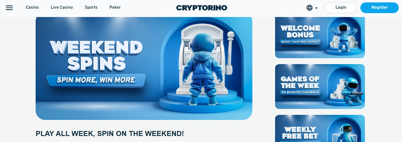 Cryptorino promotions section highlighting the “WEEKEND SPINS” bonus. A blue astronaut mascot stands in front of a slot machine, with bold text reading “WEEKEND SPINS – SPIN MORE, WIN MORE.” To the right, smaller promotional cards advertise: “WELCOME BONUS – BOOST YOUR FIRST DEPOSIT,” “GAMES OF THE WEEK – 5% BOOSTED CASHBACK,” and “WEEKLY FREE BET,” each accompanied by cartoon astronauts and stacks of coins or gaming symbols. The entire scene is designed in a cool blue theme with a futuristic, playful aesthetic.