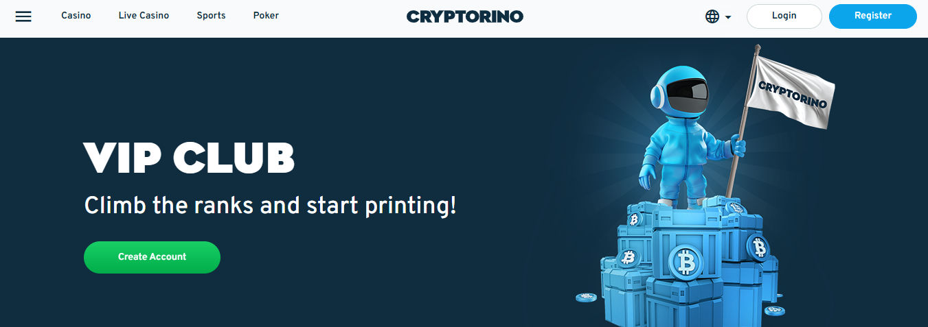Cryptorino VIP Club promotional banner featuring a blue astronaut mascot standing triumphantly on stacked crypto crates marked with Bitcoin symbols. The astronaut holds a flag that reads “CRYPTORINO.” Bold text on the left says “VIP CLUB – Climb the ranks and start printing!” with a green button below labeled “Create Account.” The background is a dark blue gradient with light rays emanating from behind the astronaut.