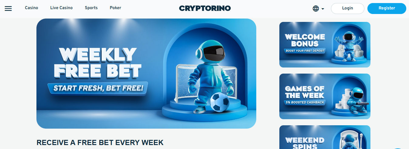 Cryptorino promotional banner for “WEEKLY FREE BET” showing a blue astronaut mascot standing on a podium next to a soccer goal and ball. The text reads “WEEKLY FREE BET – START FRESH, BET FREE!” in bold letters. To the right are smaller banners promoting the “WELCOME BONUS,” “GAMES OF THE WEEK – 5% BOOSTED CASHBACK,” and “WEEKEND SPINS.” The design maintains a cohesive blue color scheme with a clean and playful layout.