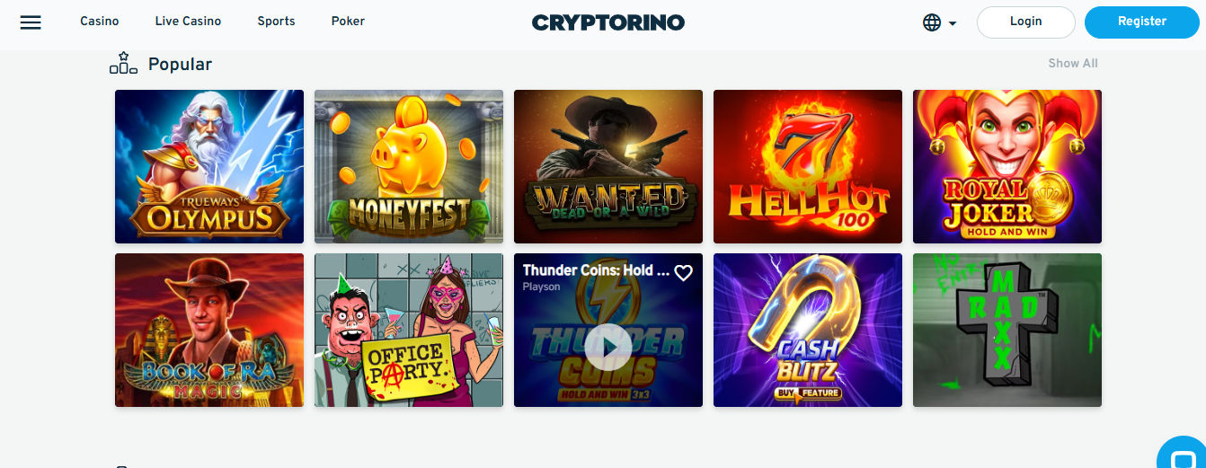 Cryptorino online casino's “Popular” games section showing a grid of ten colorful slot game thumbnails. Featured titles include "Trueway’s Olympus" with Zeus and lightning, "Moneyfest" with a golden piggy bank, "Wanted Dead or a Wild" with a cowboy, "Hell Hot 100" with flaming sevens, and "Royal Joker" featuring a grinning jester. Other games displayed are "Book of Ra Magic," "Office Party," "Thunder Coins," "Cash Blitz," and "Mad Maxx." Each game image features vibrant artwork, and one has a play icon overlay, indicating demo mode availability. The layout has a clean, modern white and blue interface.