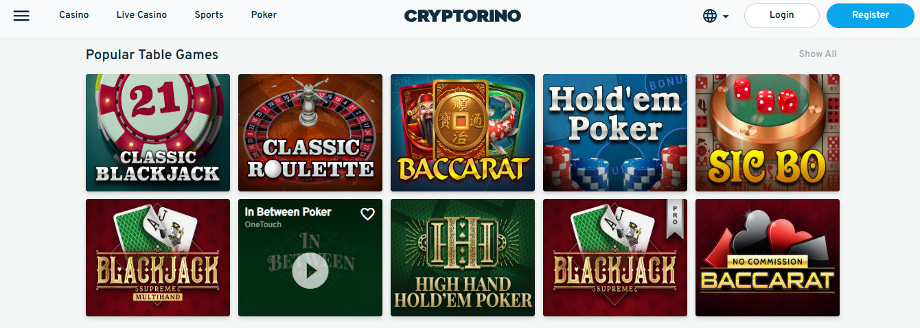 Cryptorino’s “Popular Table Games” section showcasing ten colorful game tiles. Featured games include “Classic Blackjack,” “Classic Roulette,” “Baccarat,” “Hold’em Poker,” and “Sic Bo.” Additional options displayed are “Blackjack Supreme Multihand,” “In Between Poker” with a play icon, “High Hand Hold’em Poker,” “Blackjack Supreme Pro,” and “No Commission Baccarat.” Each tile uses vibrant, thematic artwork, including playing cards, chips, roulette wheels, and dice, all set against a clean white-and-blue interface.