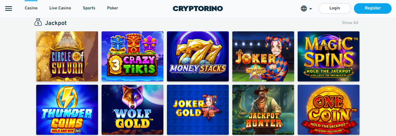 Cryptorino’s “Jackpot” games section featuring a grid of ten vibrant slot game thumbnails. Titles include “Circle of Sylvan” with a bearded god-like figure, “3 Crazy Tikis” with colorful tiki masks, “Money Stacks” with gold bars and sevens, “Joker Hit & Goal” featuring a jester, and “Magic Spins – Hold the Jackpot.” Other games shown are “Thunder Coins,” “Wolf Gold,” “Joker Gold 7s,” “Jackpot Hunter” with an adventurer character, and “One Coin – Hold the Jackpot.” The layout uses a clean white background with bold, colorful game artwork.