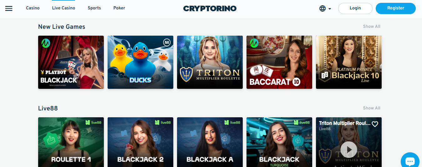 Cryptorino's “New Live Games” and “Live88” sections showcasing live dealer games with vibrant thumbnails. The top row includes “Playboy Blackjack,” “Ducks,” “Triton Multiplier Roulette,” “Baccarat 10,” and “Platinum Private Blackjack 10,” each featuring hosts or animated themes. The second row under “Live88” shows smiling female dealers for “Roulette 1,” “Blackjack 2,” “Blackjack A,” “Blackjack Turquoise,” and another “Triton Multiplier Roulette” tile with a play button overlay. The layout is modern and blue-themed, highlighting both real dealers and unique game branding.