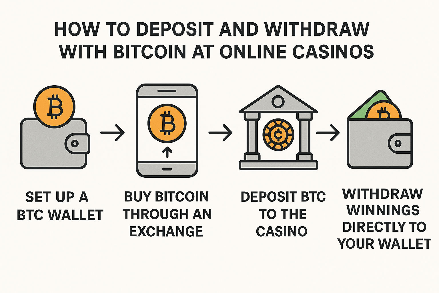 A visual guide titled "How to Deposit and Withdraw with Bitcoin at Online Casinos" showing four illustrated steps: (1) Set up a BTC wallet – icon of a wallet with a Bitcoin symbol; (2) Buy Bitcoin through an exchange – smartphone with a Bitcoin symbol; (3) Deposit BTC to the casino – icon of a bank building with a crypto coin symbol; (4) Withdraw winnings directly to your wallet – wallet with Bitcoin and cash inside. Arrows point from one step to the next, indicating sequence.








