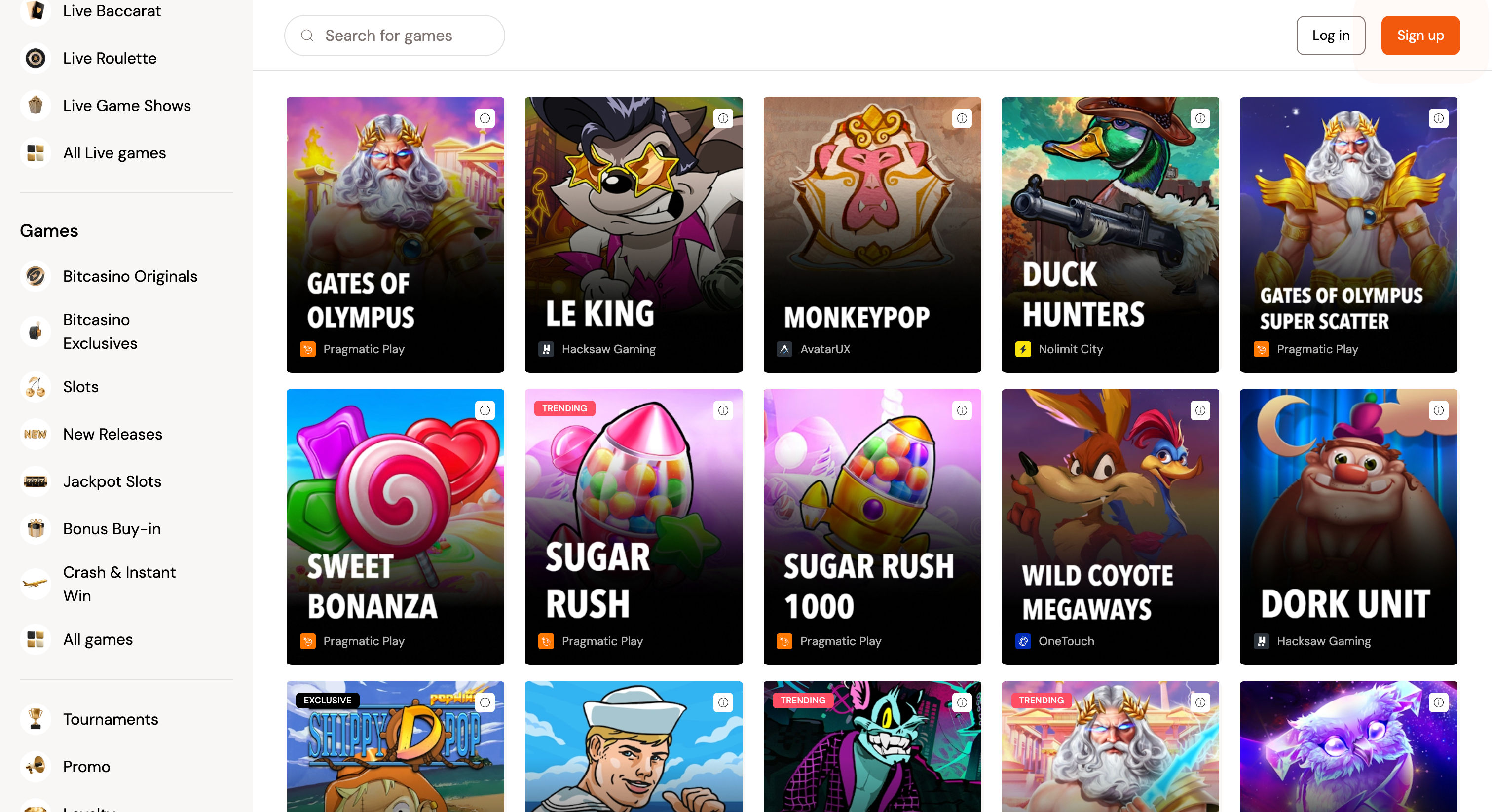 Bitcasino Game Selection