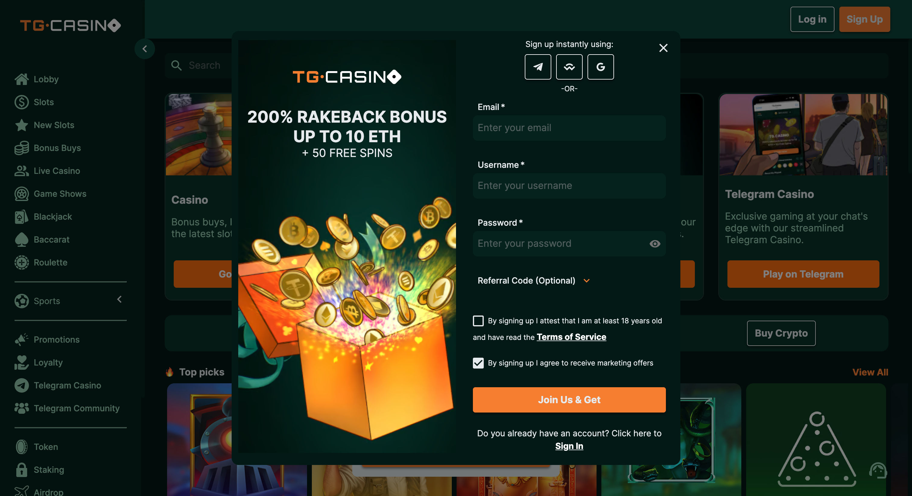 TG Casino Sign Up Page