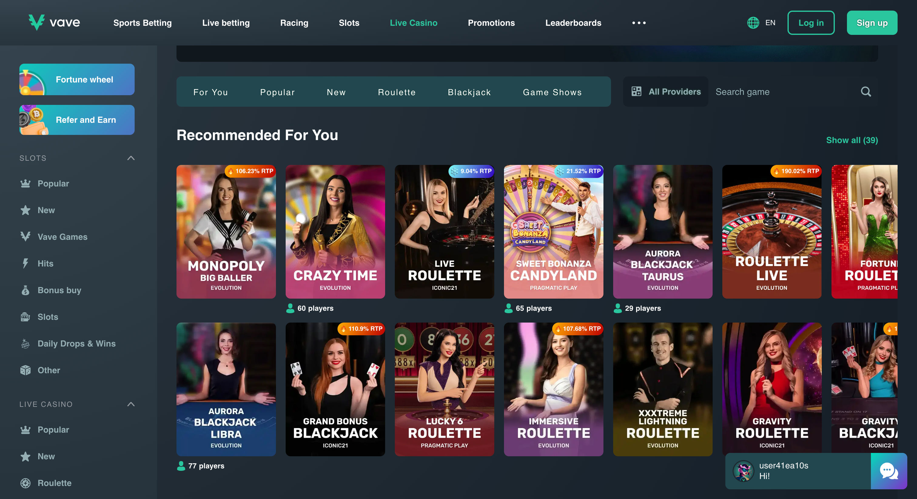 Vave Casino Game Selection