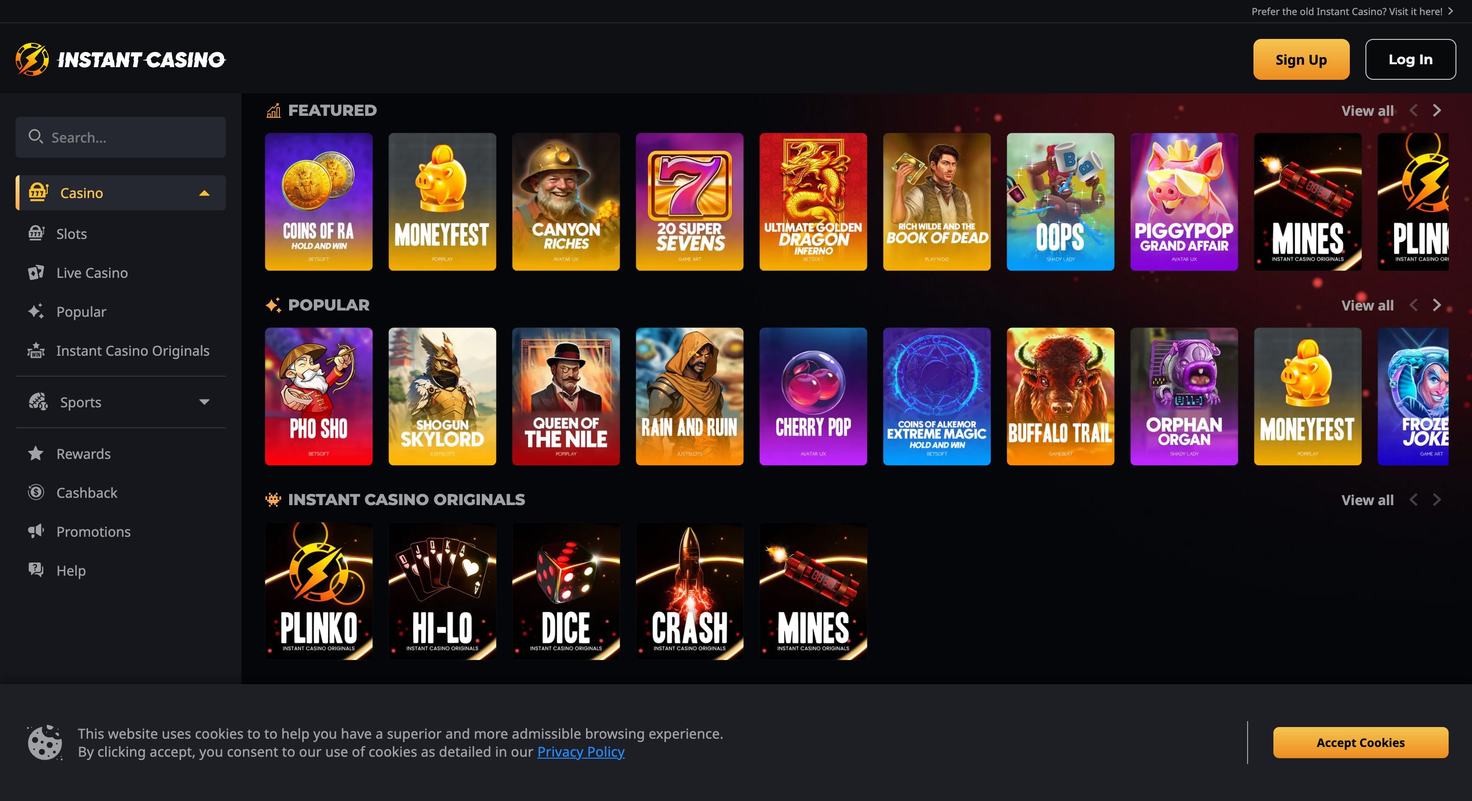 Instant casino game selection