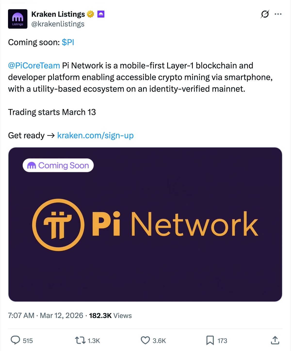 Kraken confirms Pi Network listing