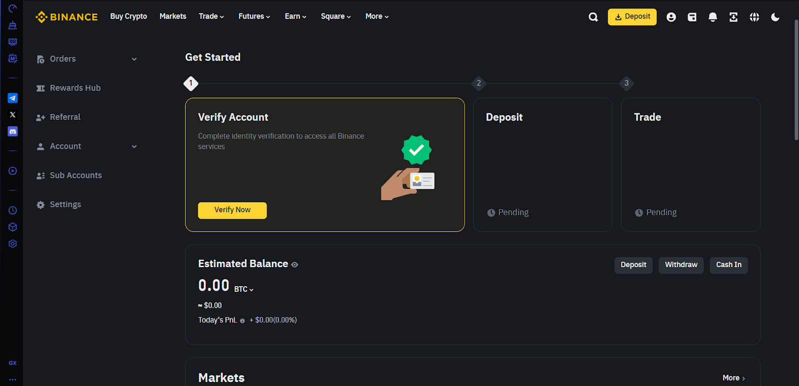 Screenshot of the Binance dashboard in dark mode showing the "Get Started" steps. The first step, "Verify Account," is highlighted with a yellow border and a “Verify Now” button. Steps for “Deposit” and “Trade” are marked as pending. Below that, the "Estimated Balance" is shown as 0.00 BTC ($0.00), with options to Deposit, Withdraw, or Cash In. The sidebar on the left contains navigation links including Orders, Rewards Hub, Referral, Account, Sub Accounts, and Settings. The top navigation bar includes links for Buy Crypto, Markets, Trade, and more.