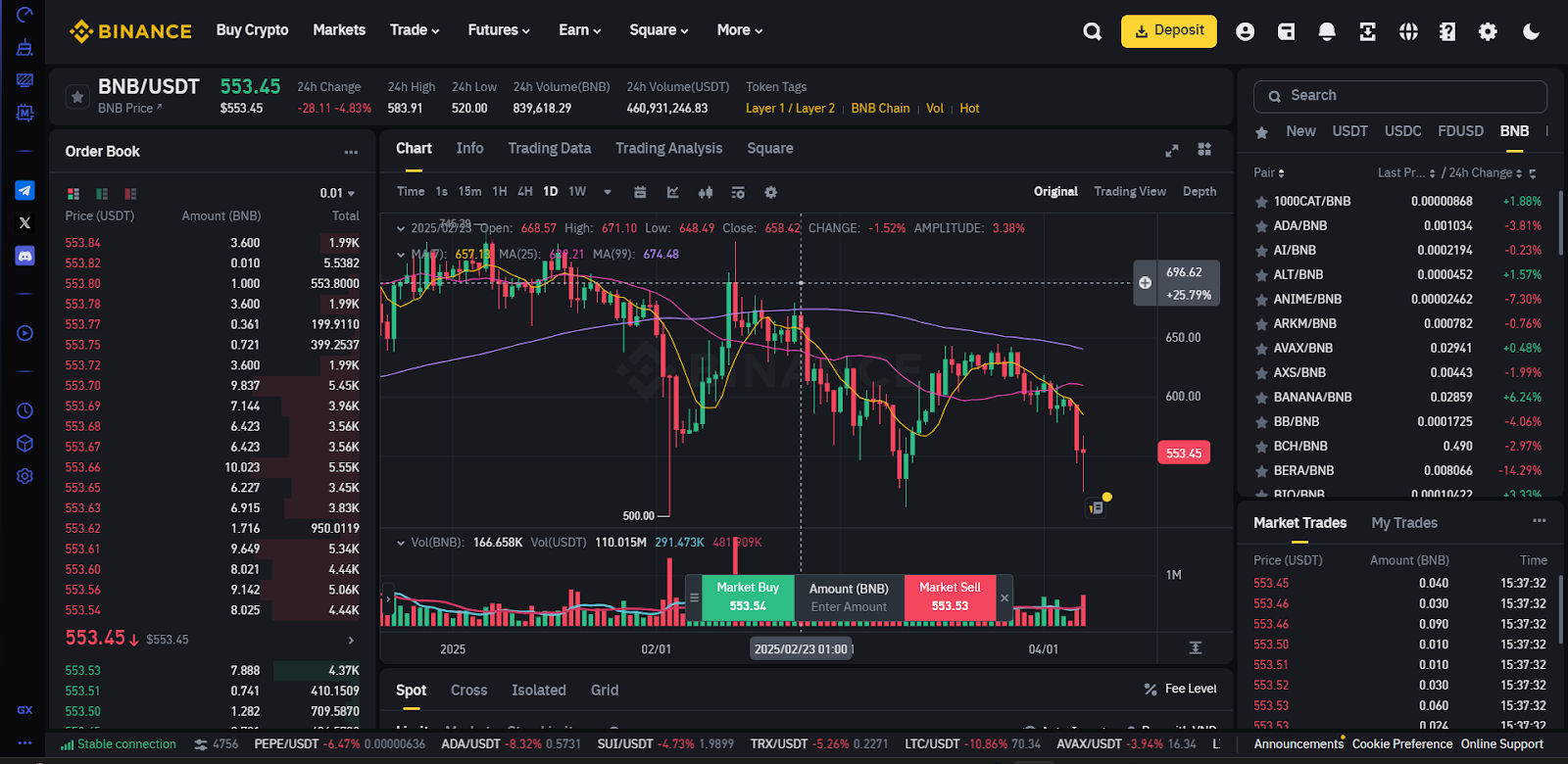 Screenshot of the Binance trading interface displaying the BNB/USDT pair. The screen shows a live candlestick chart with technical indicators, 24-hour price data, and recent market trades. The order book on the left lists buy and sell orders at varying price levels. On the right, a sidebar displays other BNB trading pairs with 24-hour change percentages. The trading panel includes options for market buy and sell, with volume indicators and trade history at the bottom.